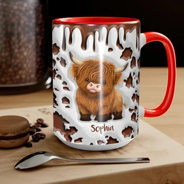 Personalized Cute Highland Cow Ceramic Coffee Mug with Name and Coaster Birthday Gift for Highland Cow Lover
