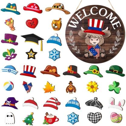 ⏰35 PCS Interchangeable Highland Cow Welcome Sign with Seasonal Magnet Detachable Hats Accessories