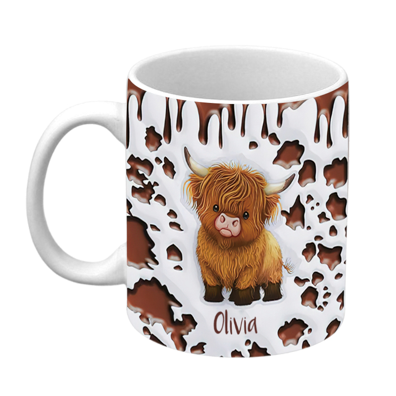 Personalized Cute Highland Cow Ceramic Coffee Mug with Name and Coaster Birthday Gift for Highland Cow Lover