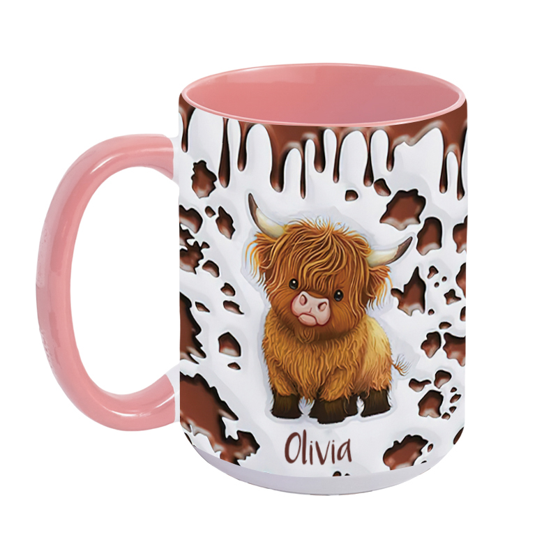 Personalized Cute Highland Cow Ceramic Coffee Mug with Name and Coaster Birthday Gift for Highland Cow Lover
