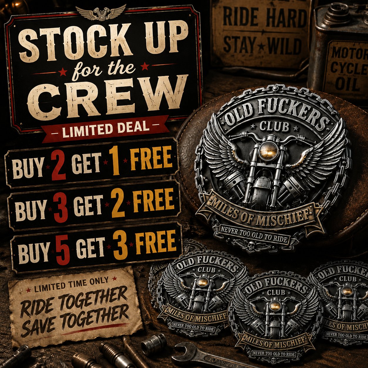 Old F**kers Club – Miles of Mischief Motorcycle Emblem