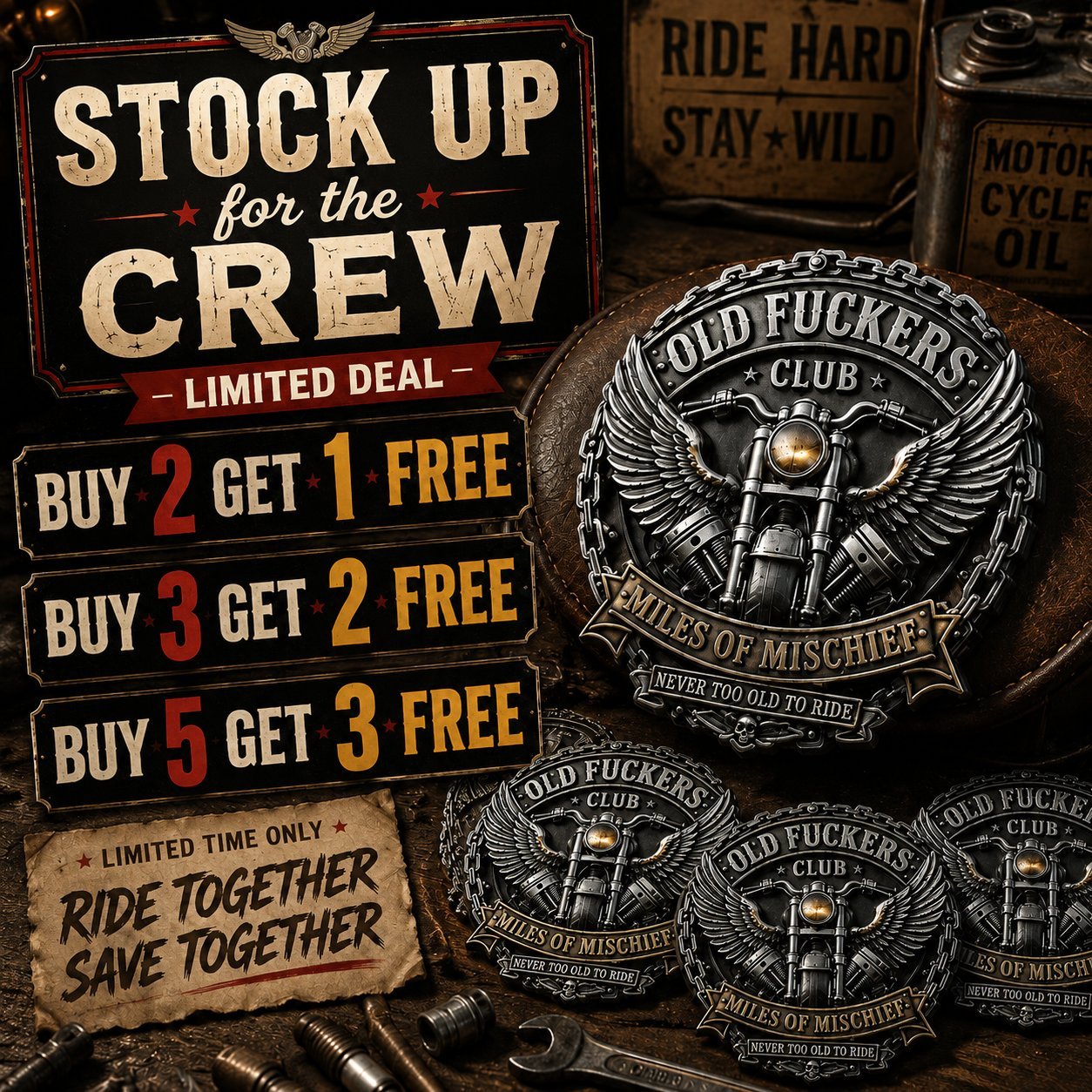 Old F**kers Club – Miles of Mischief Motorcycle Emblem