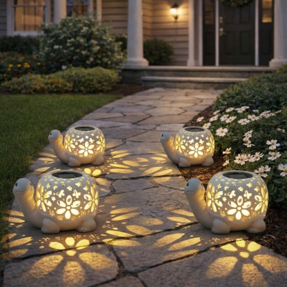 Turtle Glow Solar Garden Lantern With Floral Cutout Shell