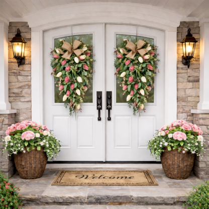 ✨Early Eeaster Sale 50% - Artificial Tulip Door Swag with Greenery Leaves and Burlap Bow