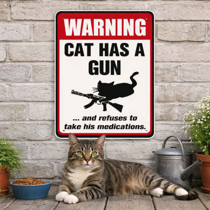 Warning: Sign with a Dog and a Cat Holding a Gun