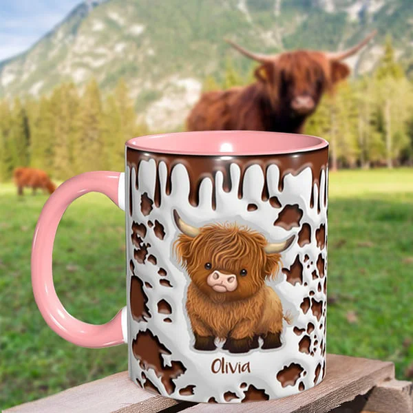 Personalized Cute Highland Cow Ceramic Coffee Mug with Name and Coaster Birthday Gift for Highland Cow Lover