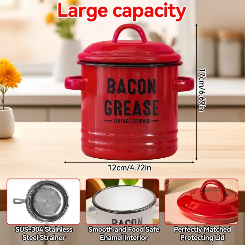 Top Christmas Gift 2025 🎅-46 Oz Bacon Grease Container with Strainer and Food-Grade Silicone Spatula