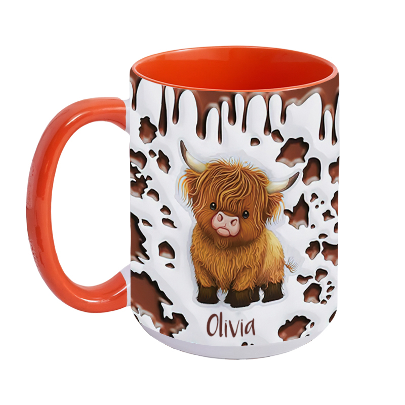Personalized Cute Highland Cow Ceramic Coffee Mug with Name and Coaster Birthday Gift for Highland Cow Lover
