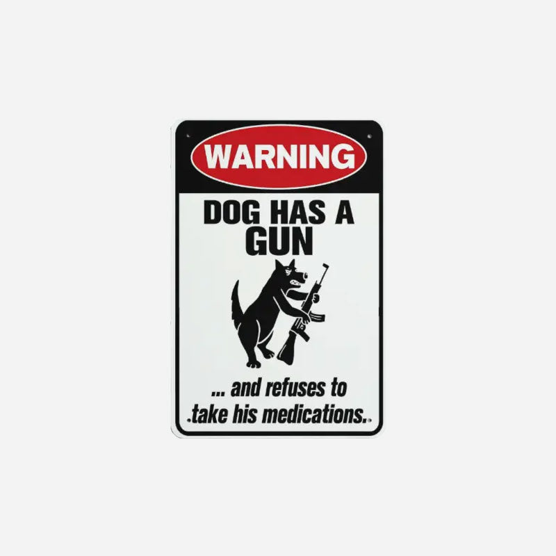 Warning: Sign with a Dog and a Cat Holding a Gun