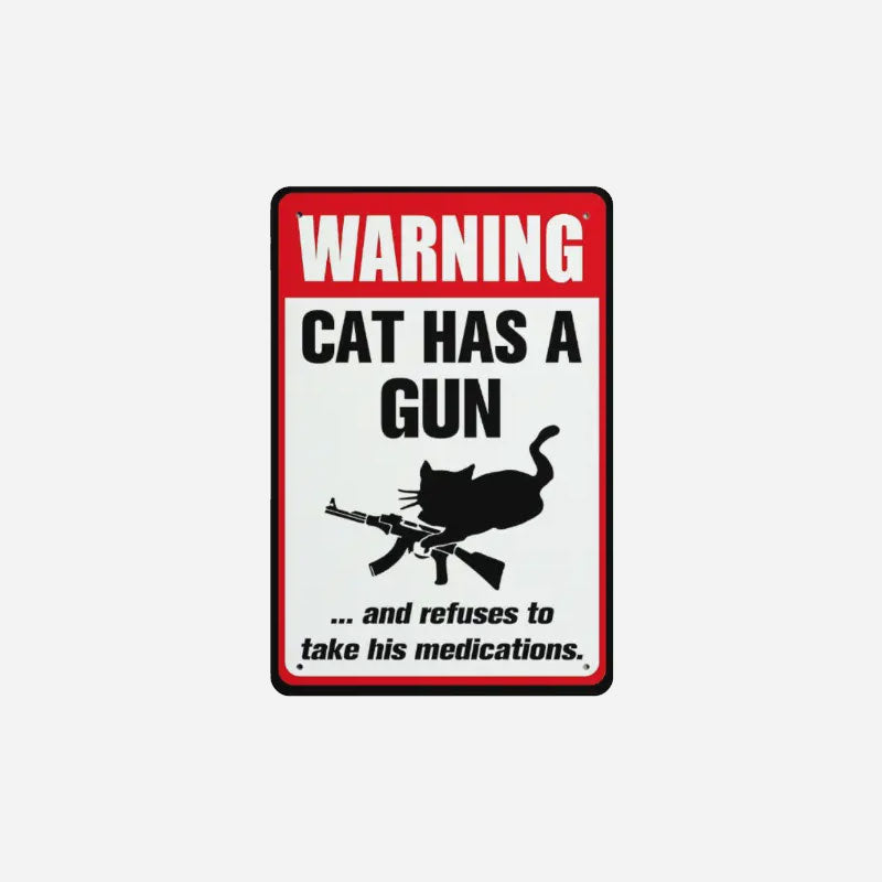 Warning: Sign with a Dog and a Cat Holding a Gun