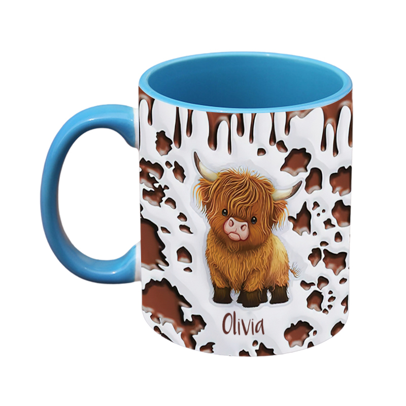 Personalized Cute Highland Cow Ceramic Coffee Mug with Name and Coaster Birthday Gift for Highland Cow Lover