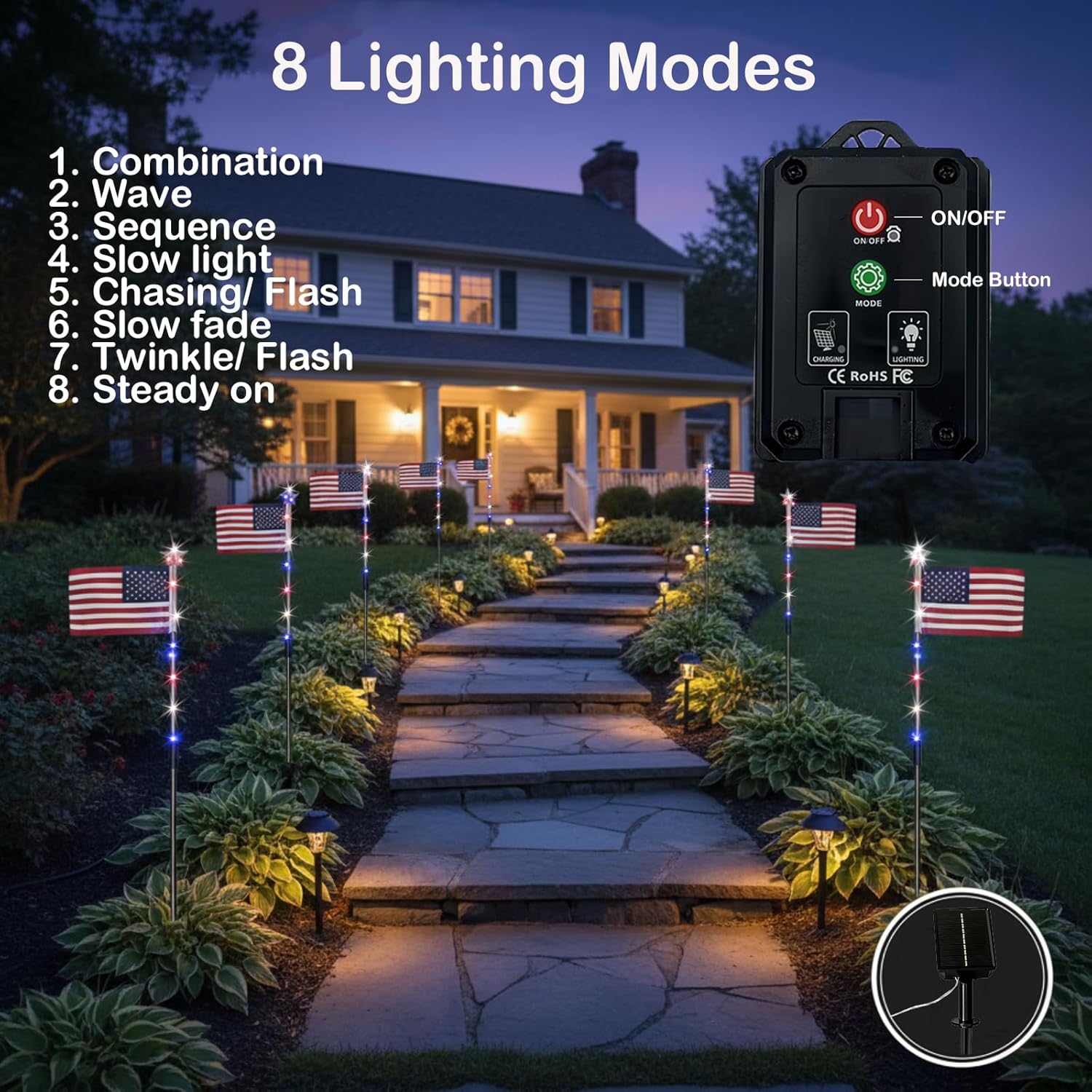 🔥Last Day 50% OFF🔥8 Solar American Flag Pathway Lights – Red, White & Blue Yard Glow