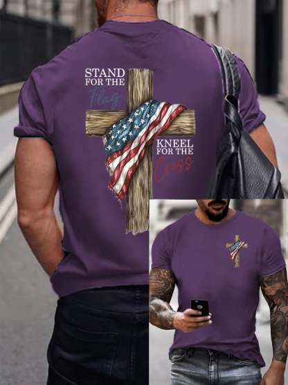 Men's Stand For The Flag Kneel For The Cross Printed Casual T-Shirt