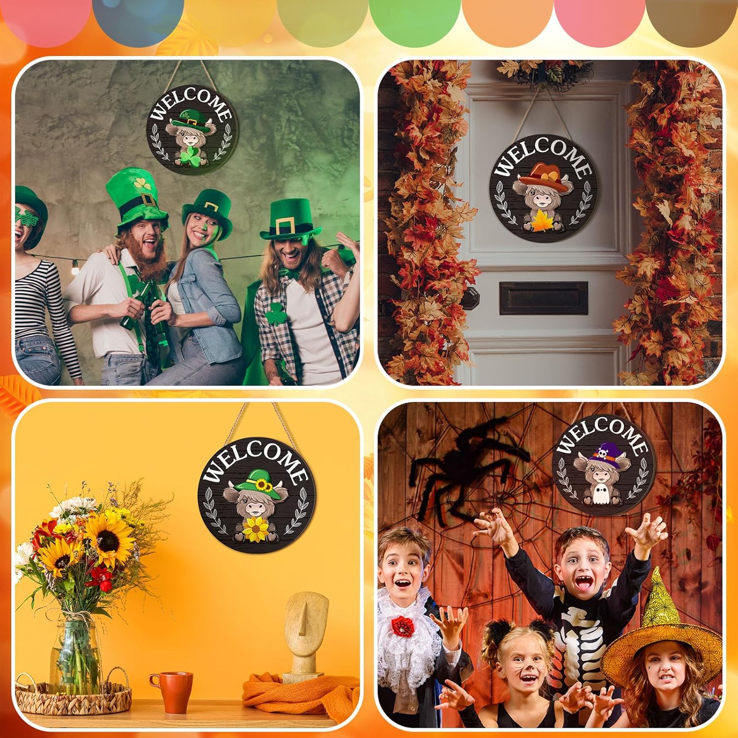 ⏰35 PCS Interchangeable Highland Cow Welcome Sign with Seasonal Magnet Detachable Hats Accessories