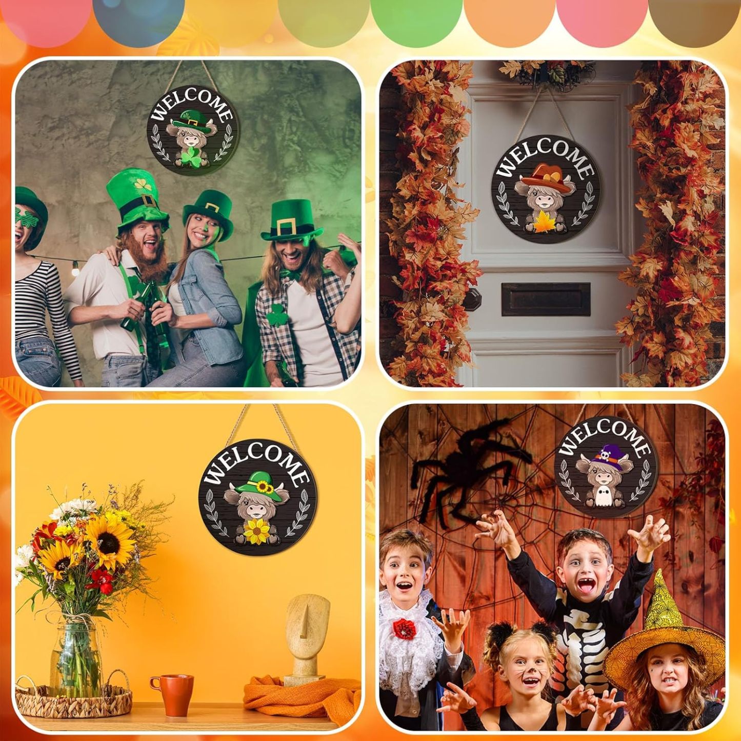 ⏰35 PCS Interchangeable Highland Cow Welcome Sign with Seasonal Magnet Detachable Hats Accessories