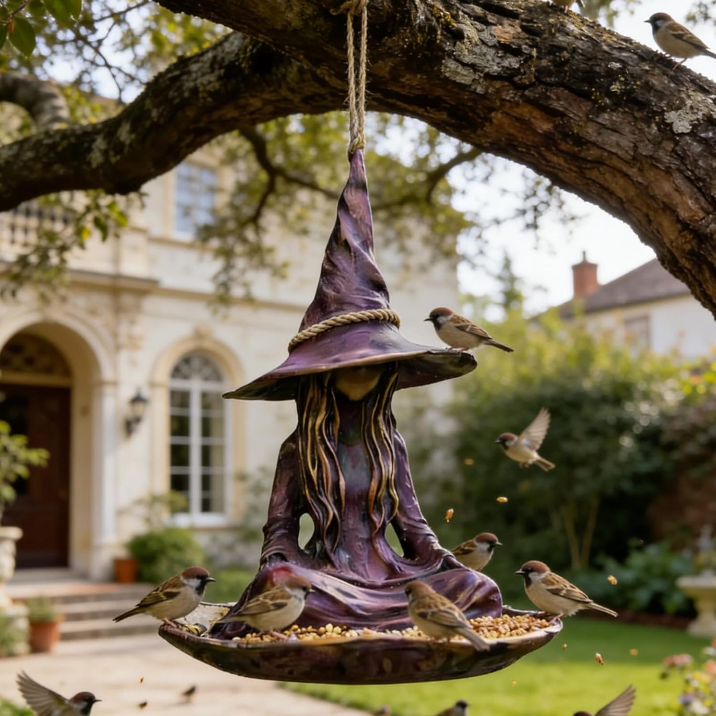 Meditating Witch Bird Feeder �C Weather-Resistant Hanging Garden Decor for Bird Lovers