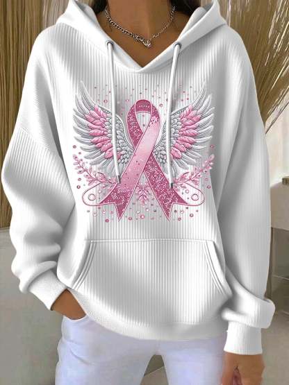 Women's Casual Pink Contrast Ribbon Wings Ribbon Hoodie