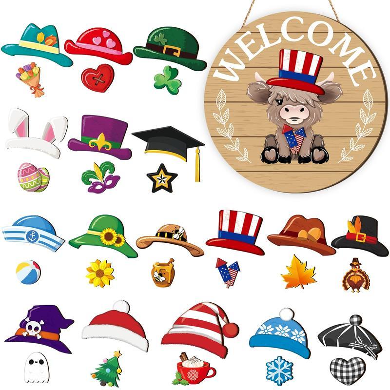⏰35 PCS Interchangeable Highland Cow Welcome Sign with Seasonal Magnet Detachable Hats Accessories