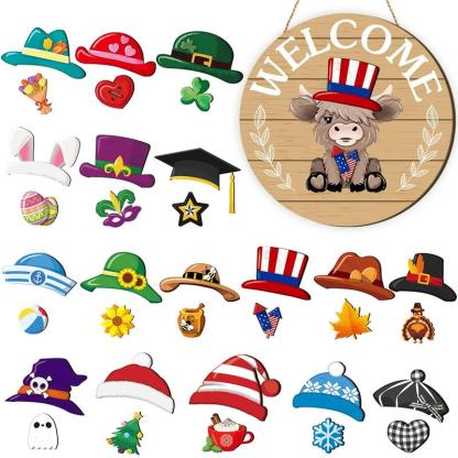 ⏰35 PCS Interchangeable Highland Cow Welcome Sign with Seasonal Magnet Detachable Hats Accessories