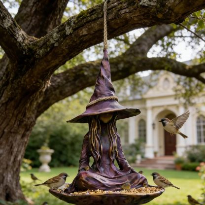 Meditating Witch Bird Feeder – Weather-Resistant Hanging Garden Decor for Bird Lovers