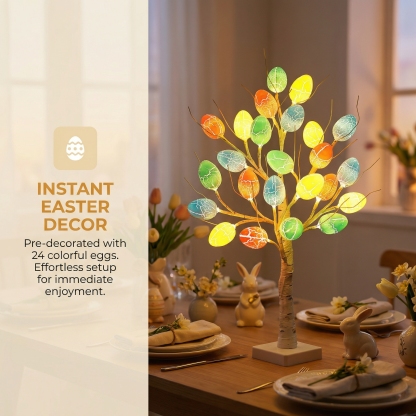 2FT Lighted Birch Egg Tree with 24 Colorful Eggs