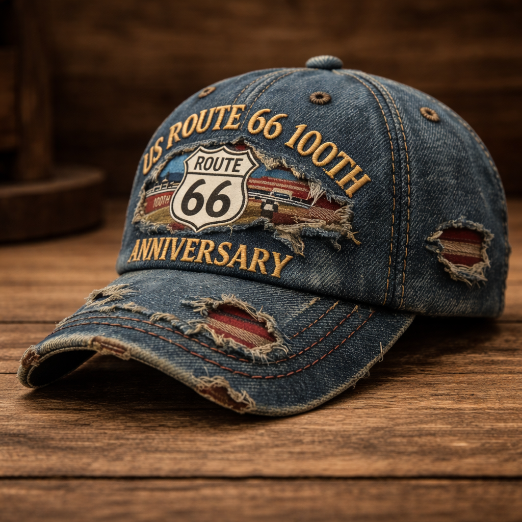 Route 66 100th Anniversary Distressed Denim Baseball Cap