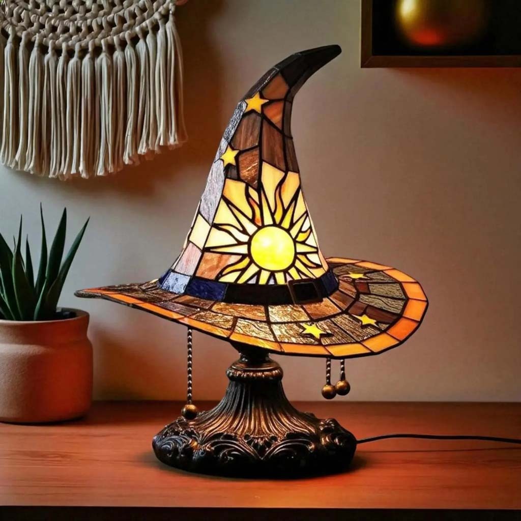 Stained Glass Witch Hat Lamp, Halloween LED Desk Light for Home Bar Ca