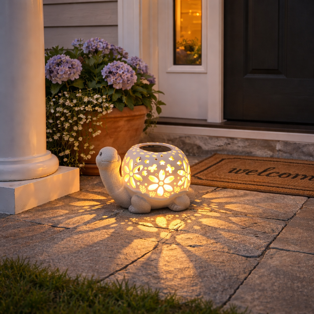 Turtle Glow Solar Garden Lantern With Floral Cutout Shell
