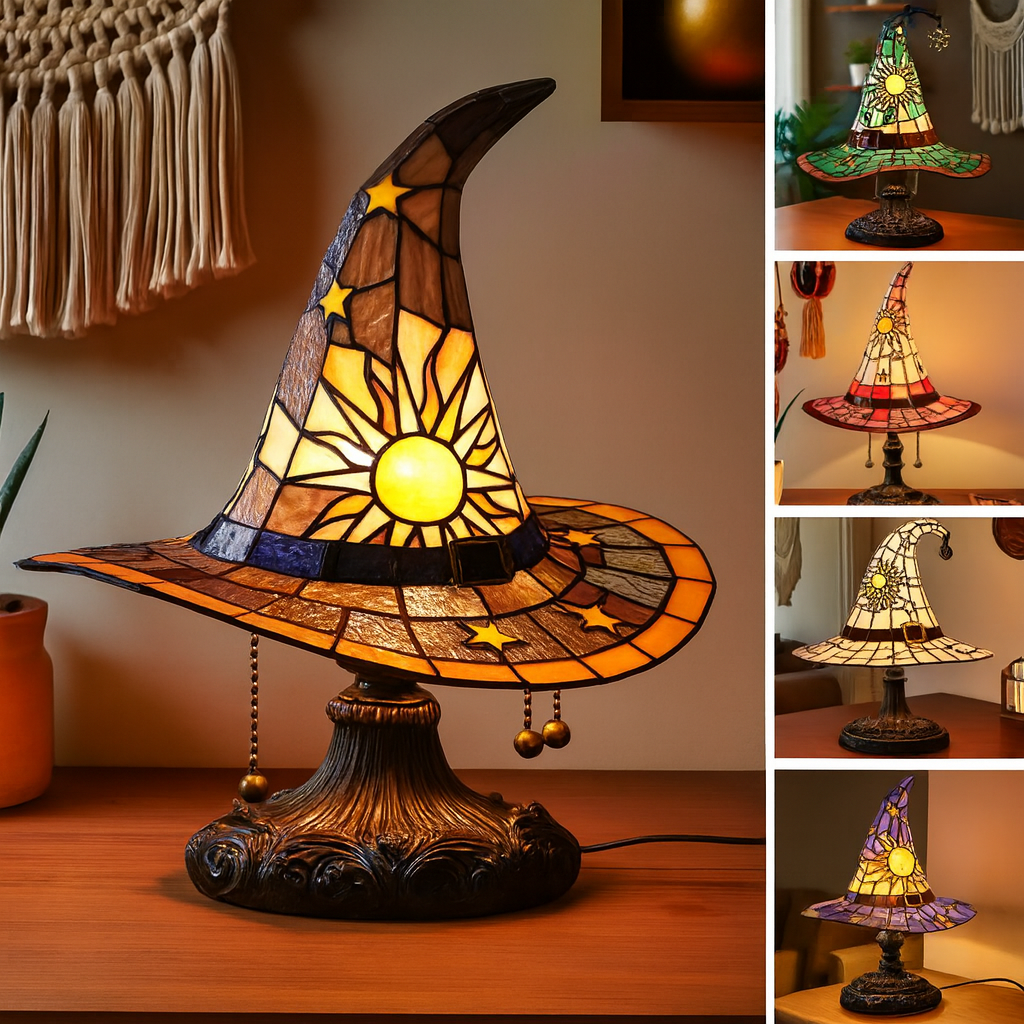 Stained Glass Witch Hat Lamp, Halloween LED Desk Light for Home Bar Cafe Decor