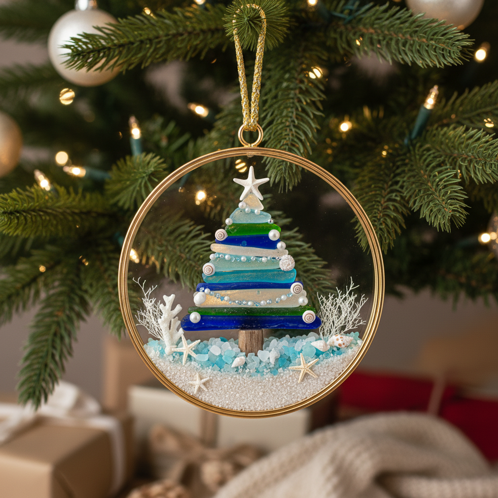 🌊✨ Sea Glass Christmas Tree Ornament – Handmade Coastal Holiday Decor