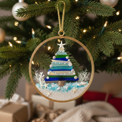 🌊✨ Sea Glass Christmas Tree Ornament – Handmade Coastal Holiday Decor