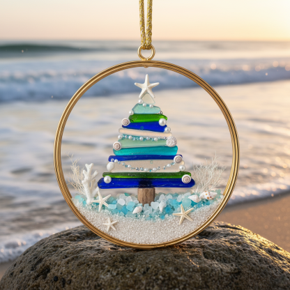 🌊✨ Sea Glass Christmas Tree Ornament – Handmade Coastal Holiday Decor