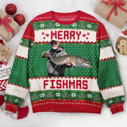 Custom Photo Merry Fishmas Gift For Fishing Lovers - Personalized Custom Ugly Sweater