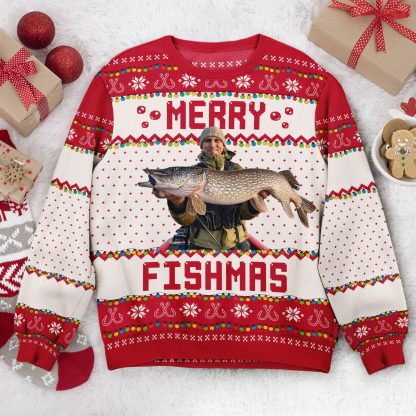 Custom Photo Merry Fishmas Gift For Fishing Lovers - Personalized Custom Ugly Sweater