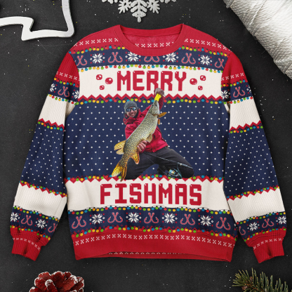 Custom Photo Merry Fishmas Gift For Fishing Lovers - Personalized Custom Ugly Sweater