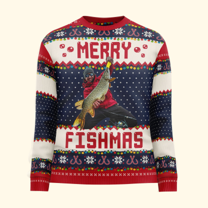Custom Photo Merry Fishmas Gift For Fishing Lovers - Personalized Custom Ugly Sweater