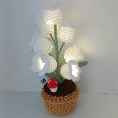 LED Light Crocheted Lily of the Valley - Glowing Potted Knit Flower Home Ambiance Decor
