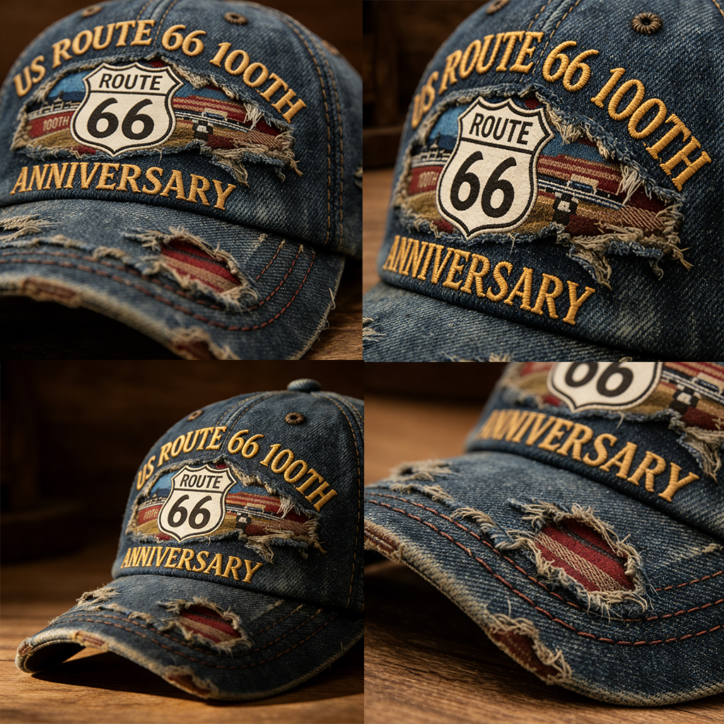 Route 66 100th Anniversary Distressed Denim Baseball Cap