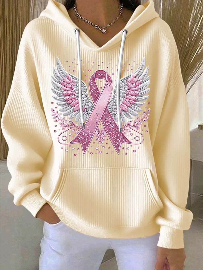 Women's Casual Pink Contrast Ribbon Wings Ribbon Hoodie