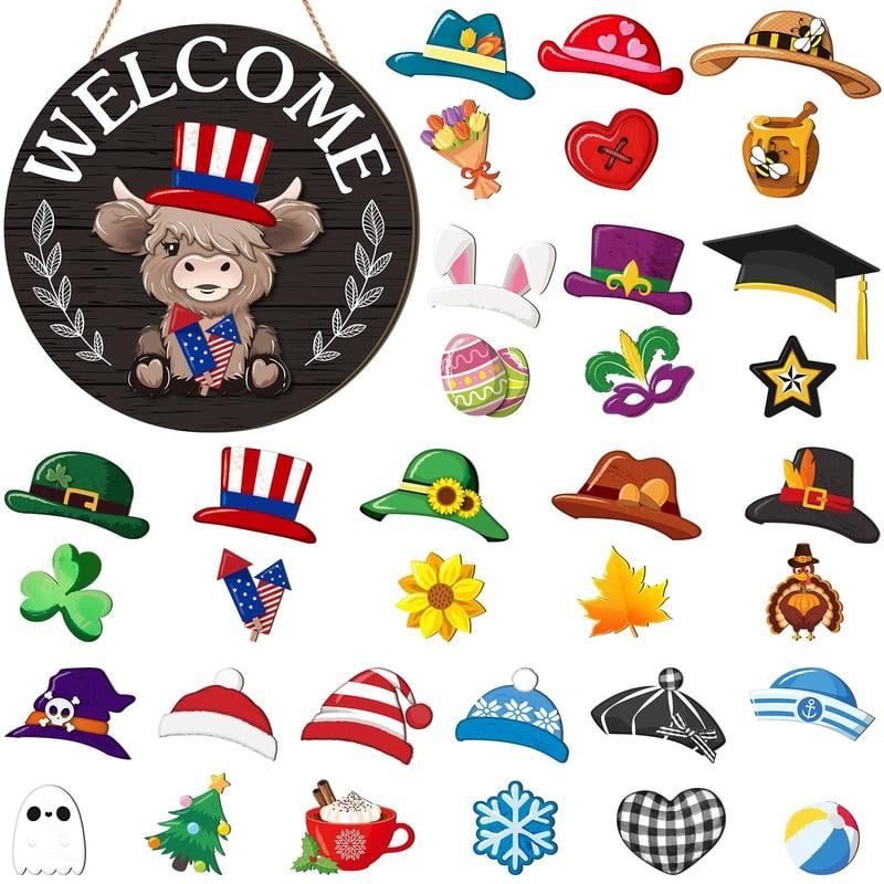 ⏰35 PCS Interchangeable Highland Cow Welcome Sign with Seasonal Magnet Detachable Hats Accessories