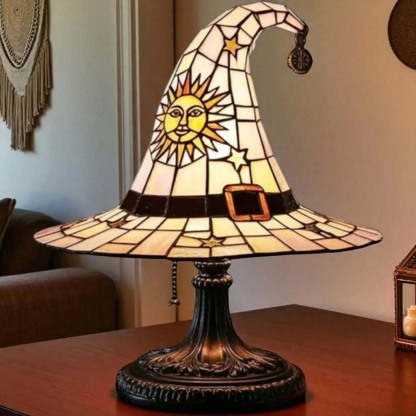 Stained Glass Witch Hat Lamp, Halloween LED Desk Light for Home Bar Cafe Decor, Vintage Table Lamp, Housewarming Gift, Fall Holidays Accent