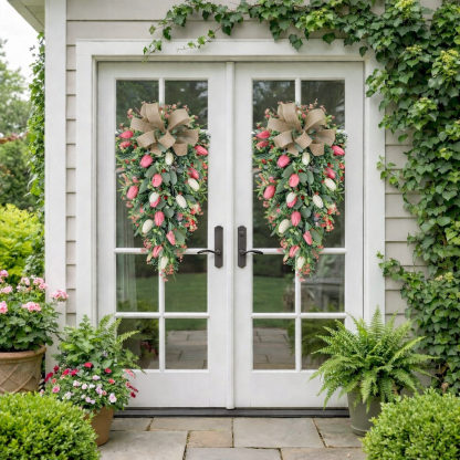 ✨Early Eeaster Sale 50% - Artificial Tulip Door Swag with Greenery Leaves and Burlap Bow