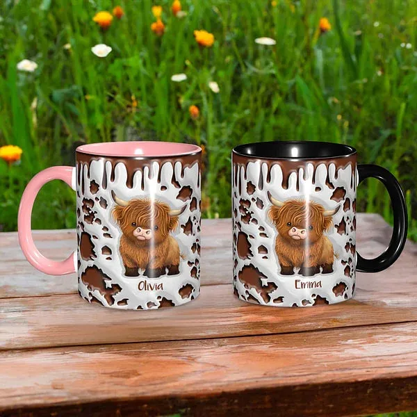 Personalized Cute Highland Cow Ceramic Coffee Mug with Name and Coaster Birthday Gift for Highland Cow Lover