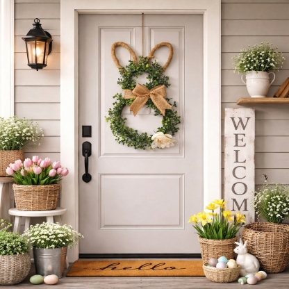 Easter Bunny-Themed Artificial Flower Wreath