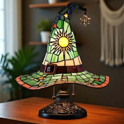 Stained Glass Witch Hat Lamp, Halloween LED Desk Light for Home Bar Cafe Decor, Vintage Table Lamp, Housewarming Gift, Fall Holidays Accent