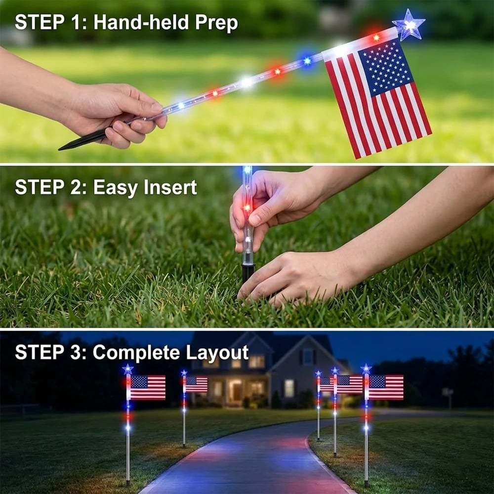 🔥Last Day 50% OFF🔥8 Solar American Flag Pathway Lights – Red, White & Blue Yard Glow