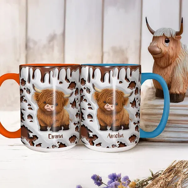Personalized Cute Highland Cow Ceramic Coffee Mug with Name and Coaster Birthday Gift for Highland Cow Lover
