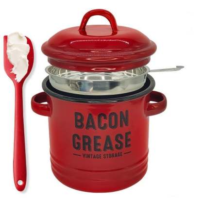 Top Christmas Gift 2025 🎅-46 Oz Bacon Grease Container with Strainer and Food-Grade Silicone Spatula