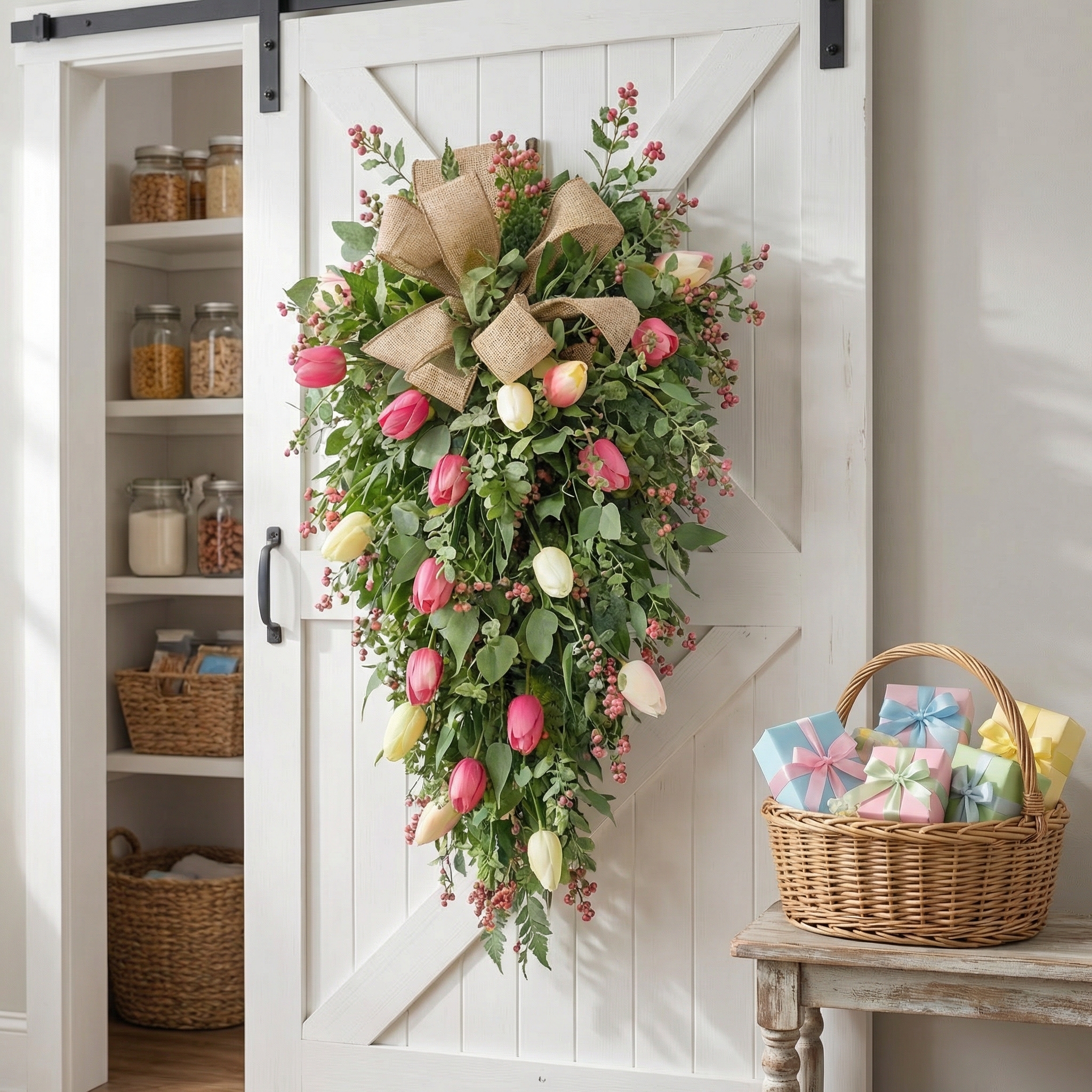 ✨Early Eeaster Sale 50% - Artificial Tulip Door Swag with Greenery Leaves and Burlap Bow