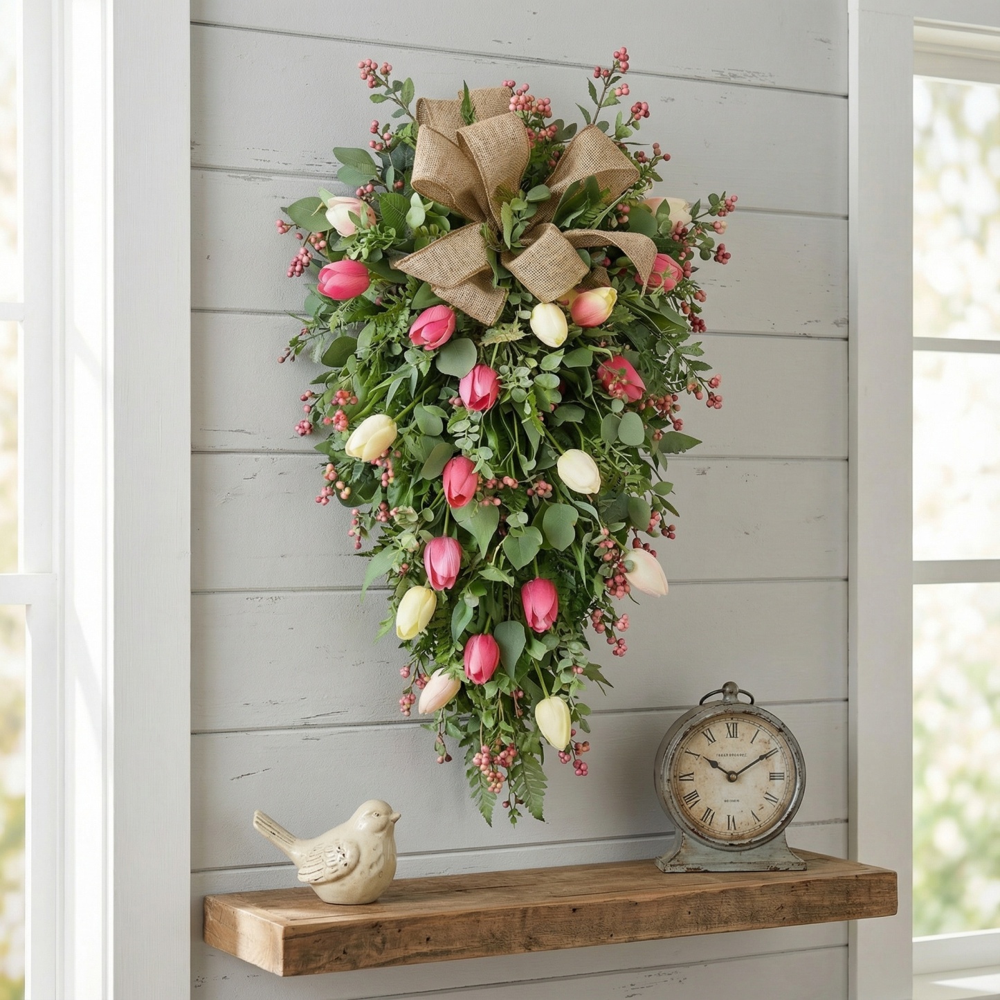 ✨Early Eeaster Sale 50% - Artificial Tulip Door Swag with Greenery Leaves and Burlap Bow